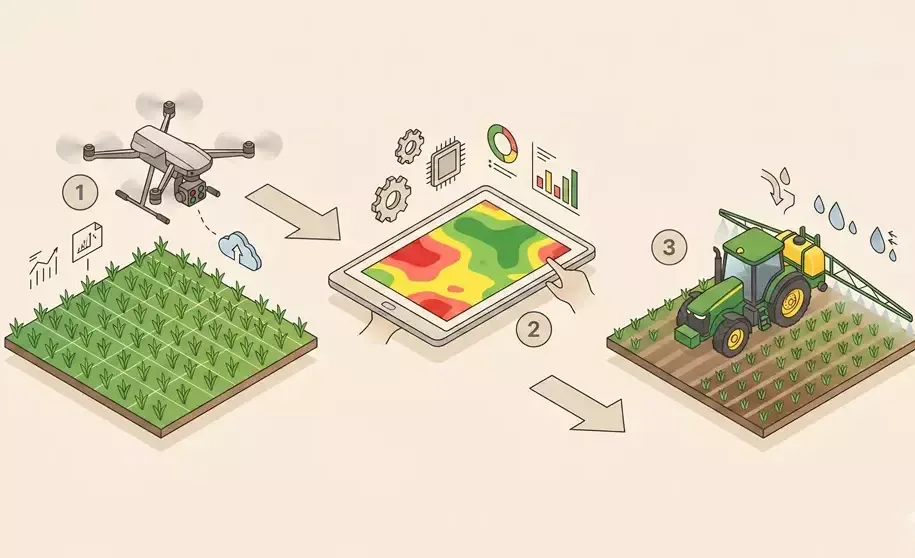 Drone e sensori per agricoltura di precisione con trattore e monitoraggio del campo.