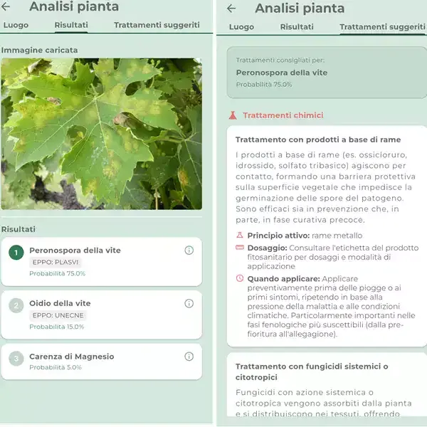 Schermata dell'app iAgro: Diagnosi da foto