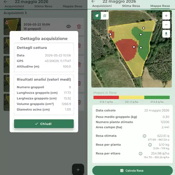 Schermata dell'app iAgro: Mappa di resa
